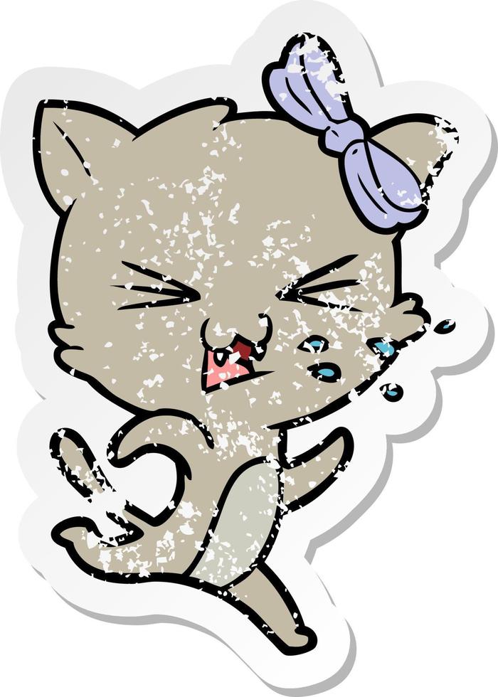 distressed sticker of a cartoon cat vector