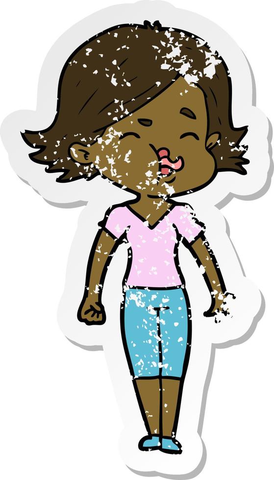 distressed sticker of a cartoon girl pulling face vector