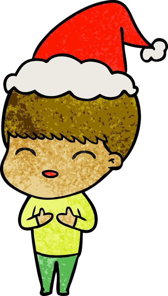 happy textured cartoon of a boy wearing santa hat vector