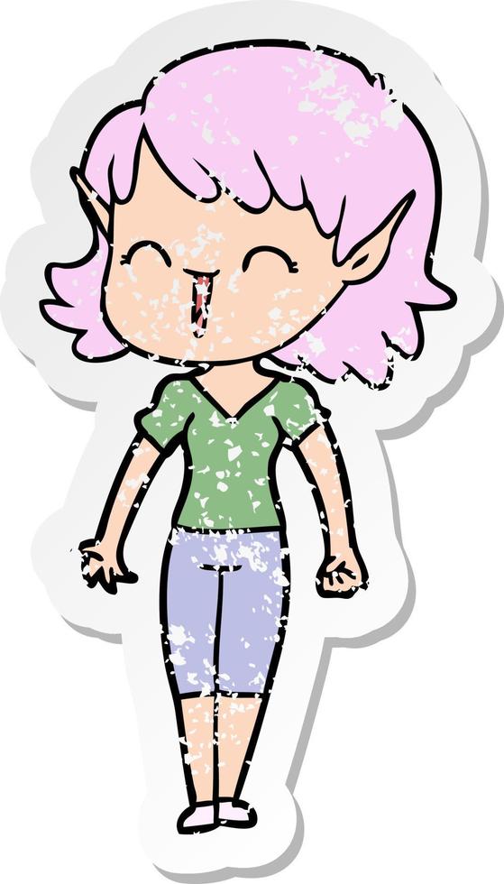 distressed sticker of a cartoon elf girl vector