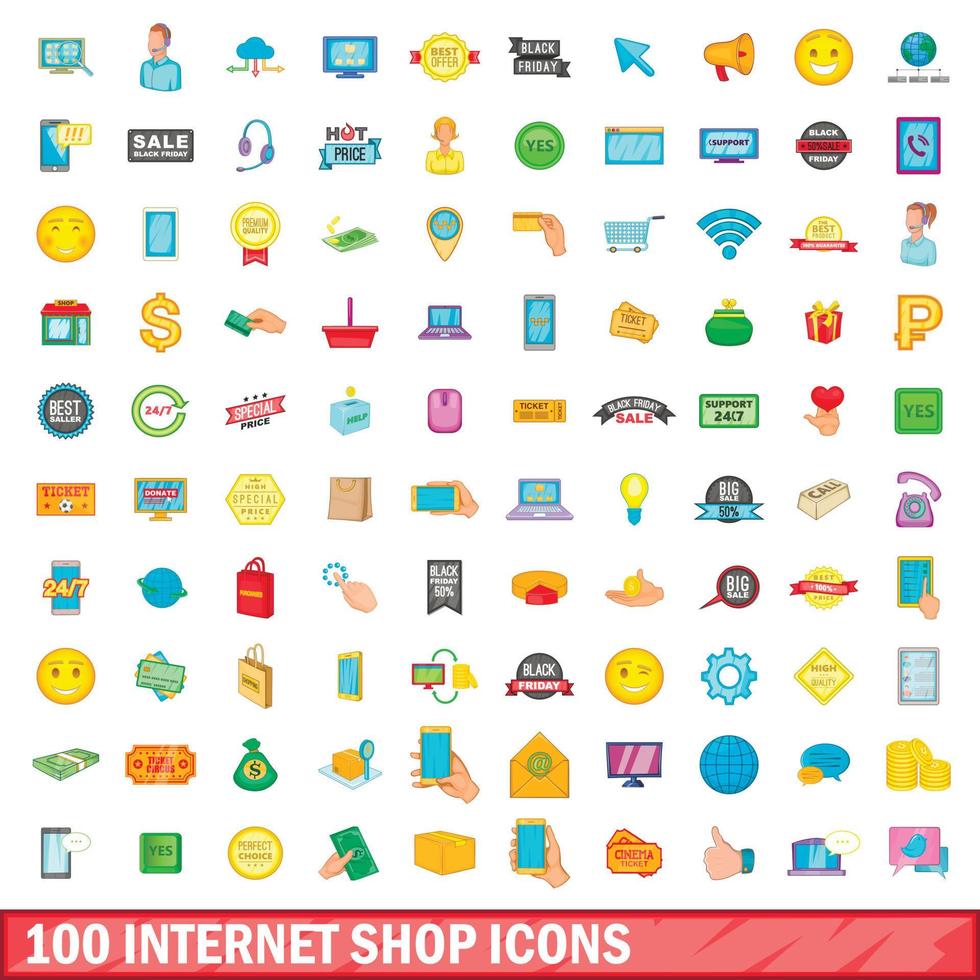 100 iconos de tienda de Internet, estilo de dibujos animados vector