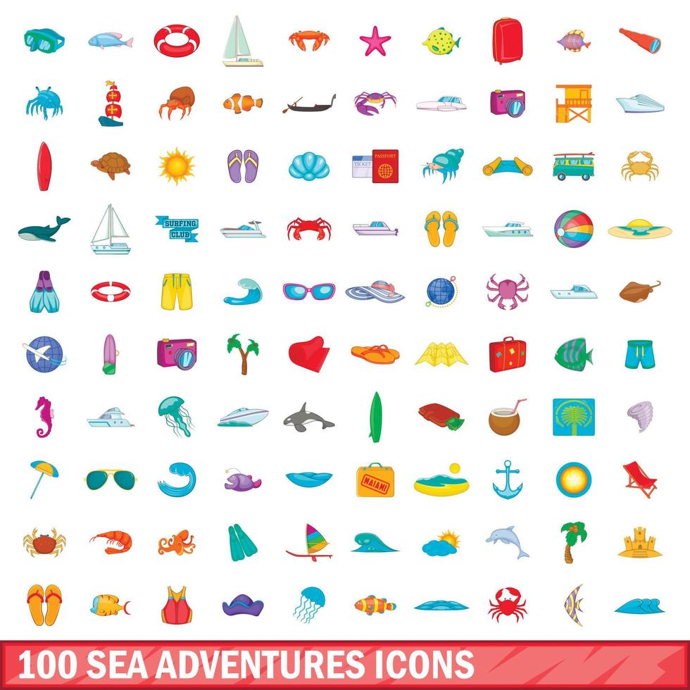 100 sea adventures icons set, cartoon style vector