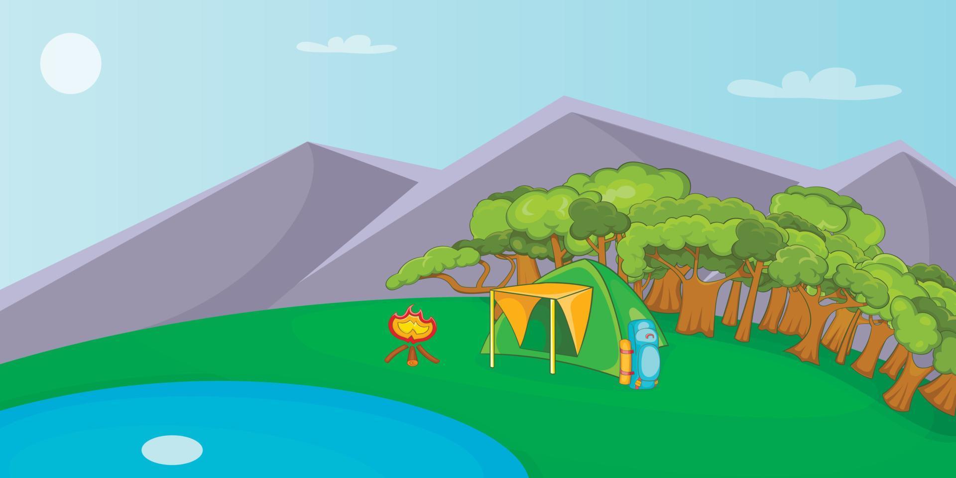 Camping horizontal banner, cartoon style vector