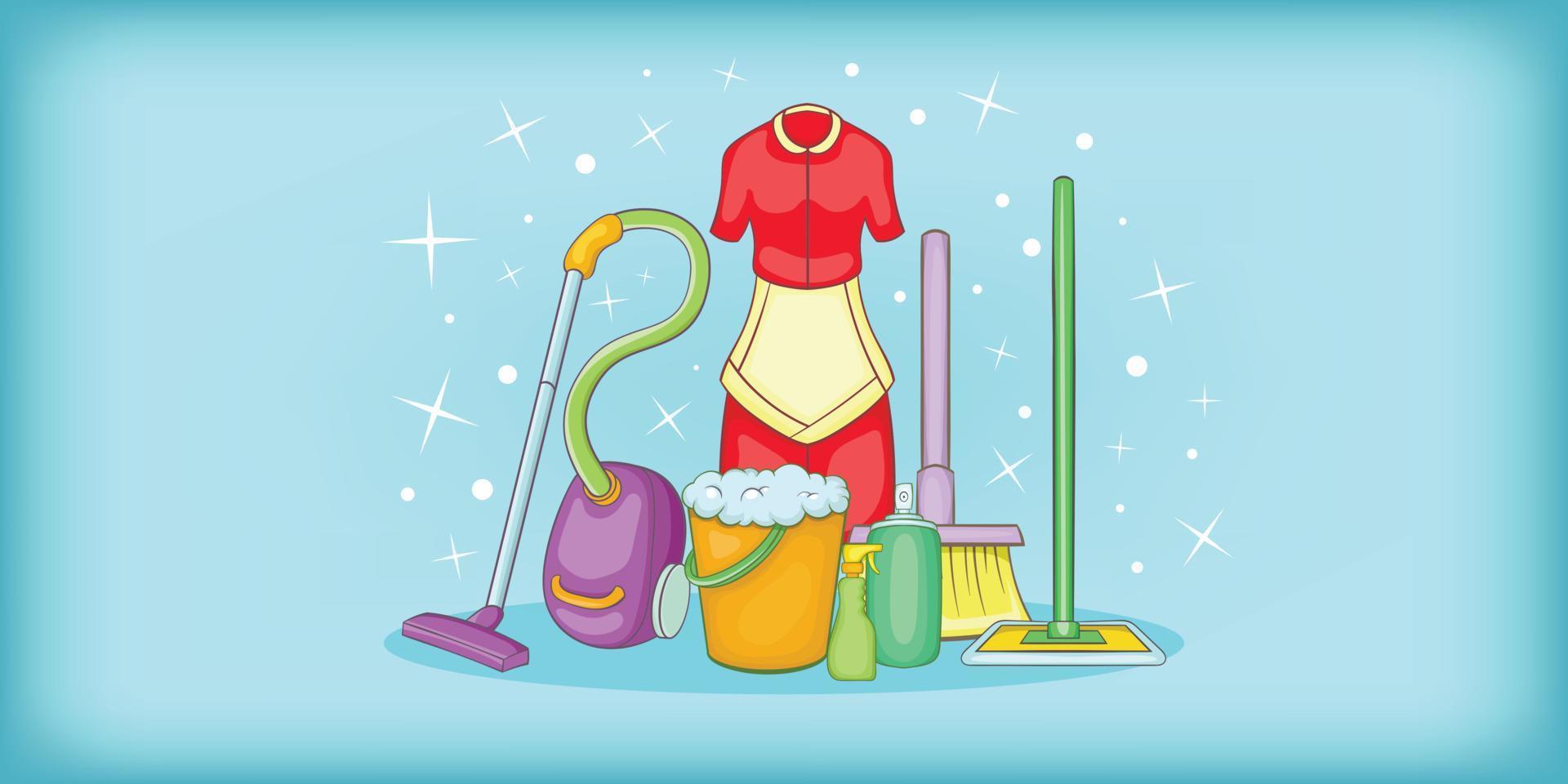 Cleaning horizontal banner tools, cartoon style vector