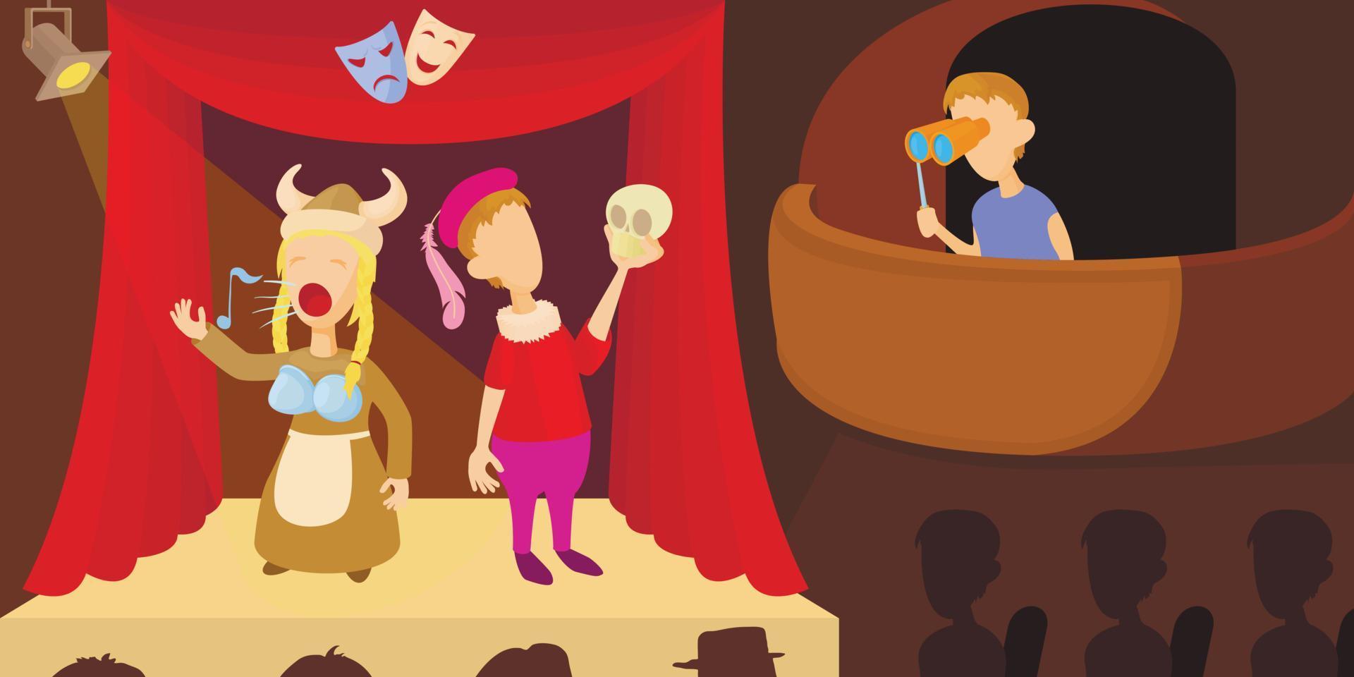 Theater actors horizontal banner, cartoon style vector