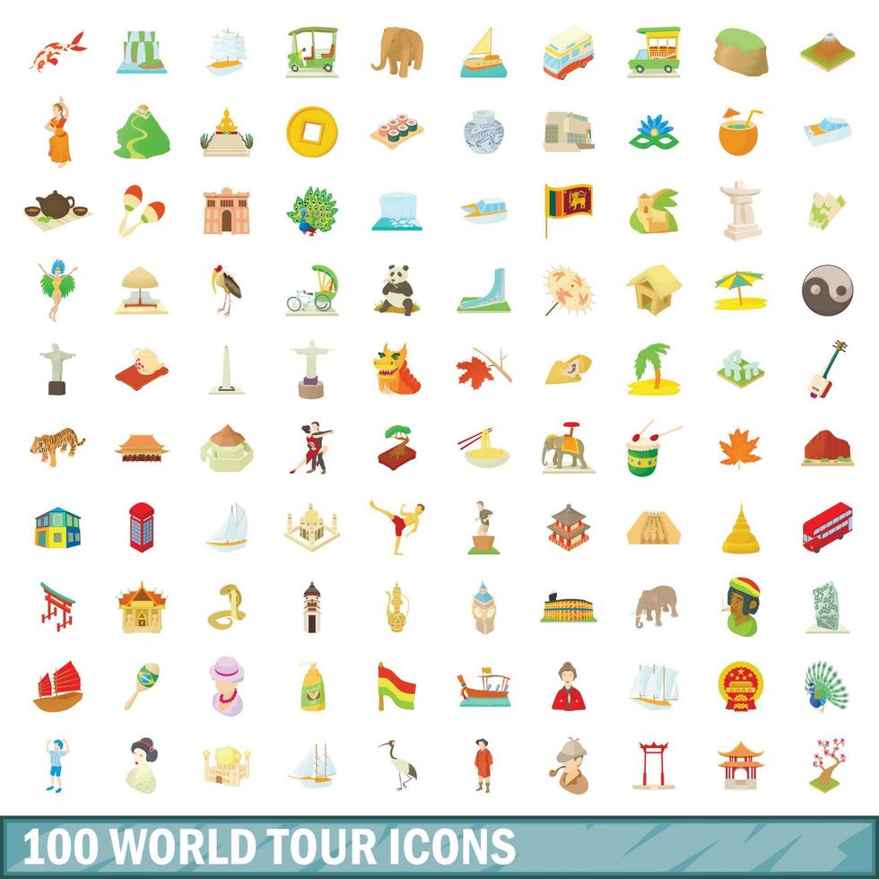 100 world tour icons set, cartoon style vector