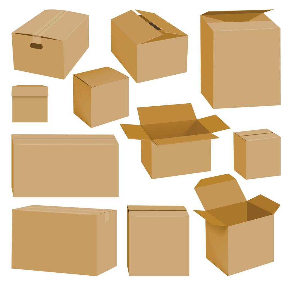Cardboard box mockup set, realistic style vector