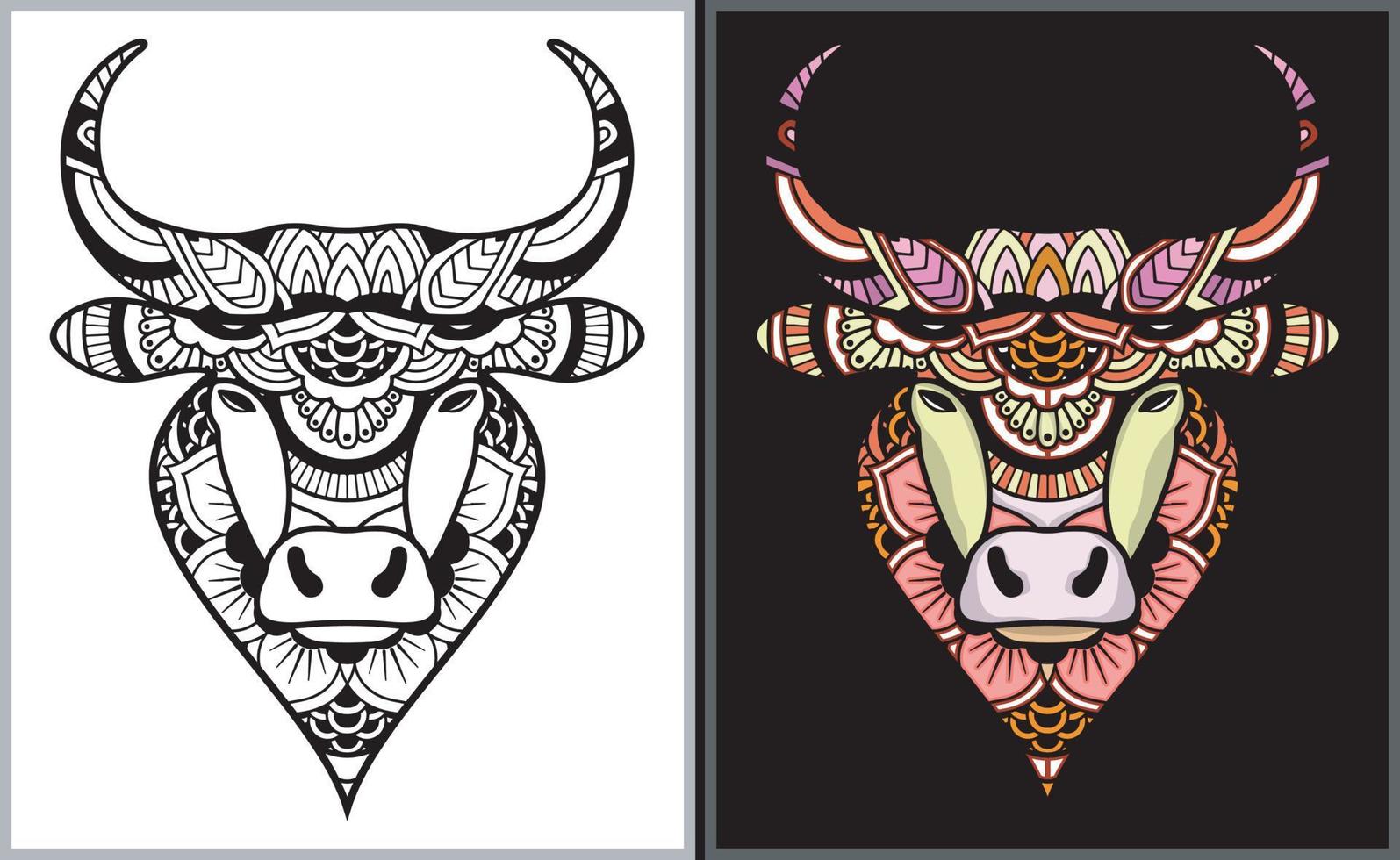 Colorful Bull head doodle arts. Bull coloring page vector