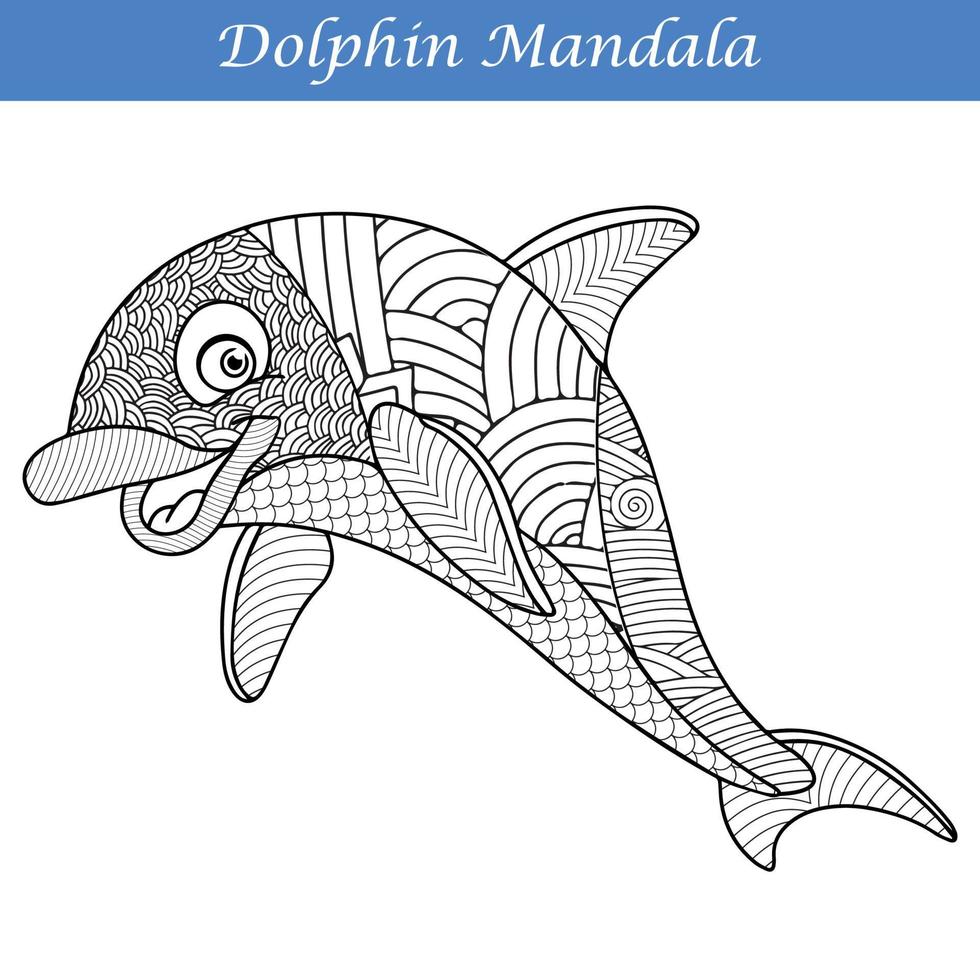 Dolphin Vintage decorative elements with mandalas.  Hand drawn Dolphin zentangle style vector