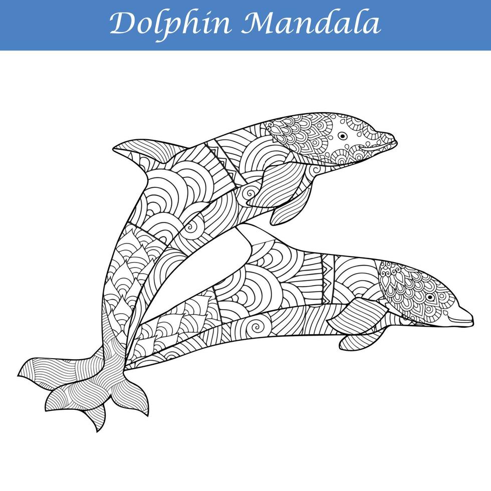 Dolphin Vintage decorative elements with mandalas.  Hand drawn Dolphin zentangle style vector