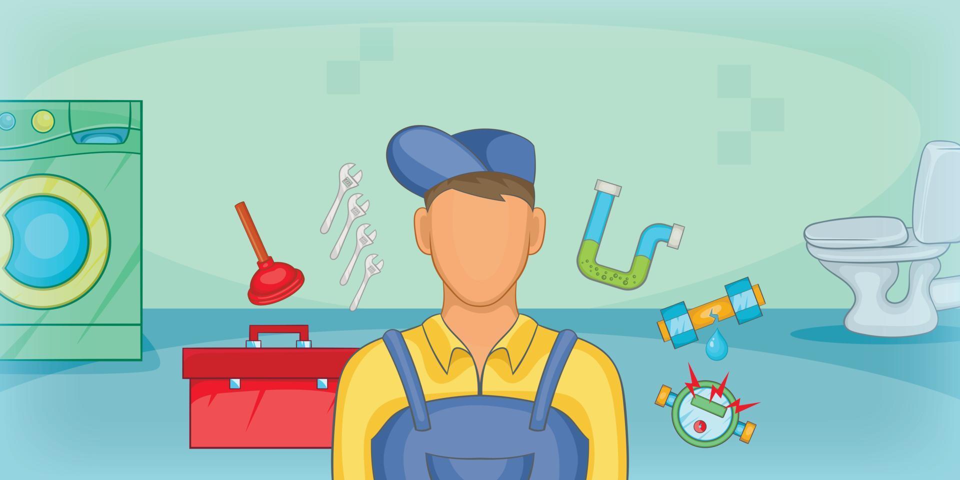 Plumber horizontal banner, cartoon style vector