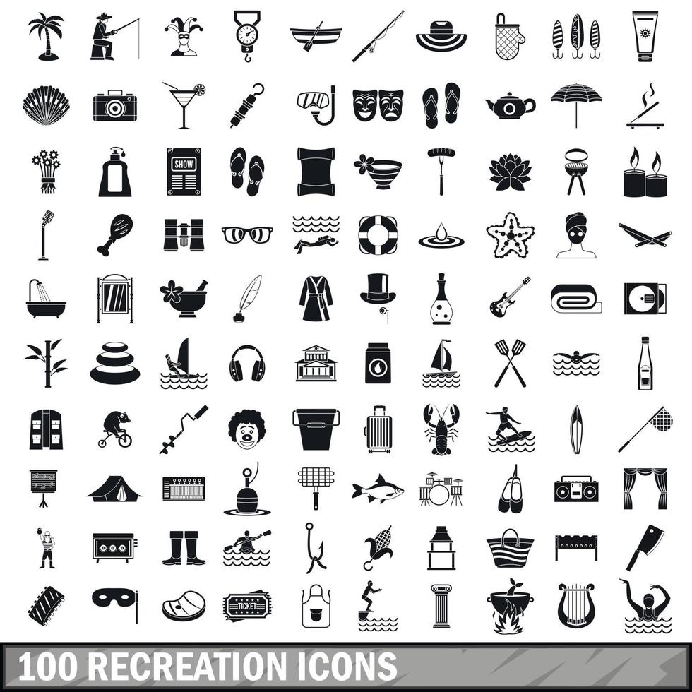 100 recreation icons set, simple style vector