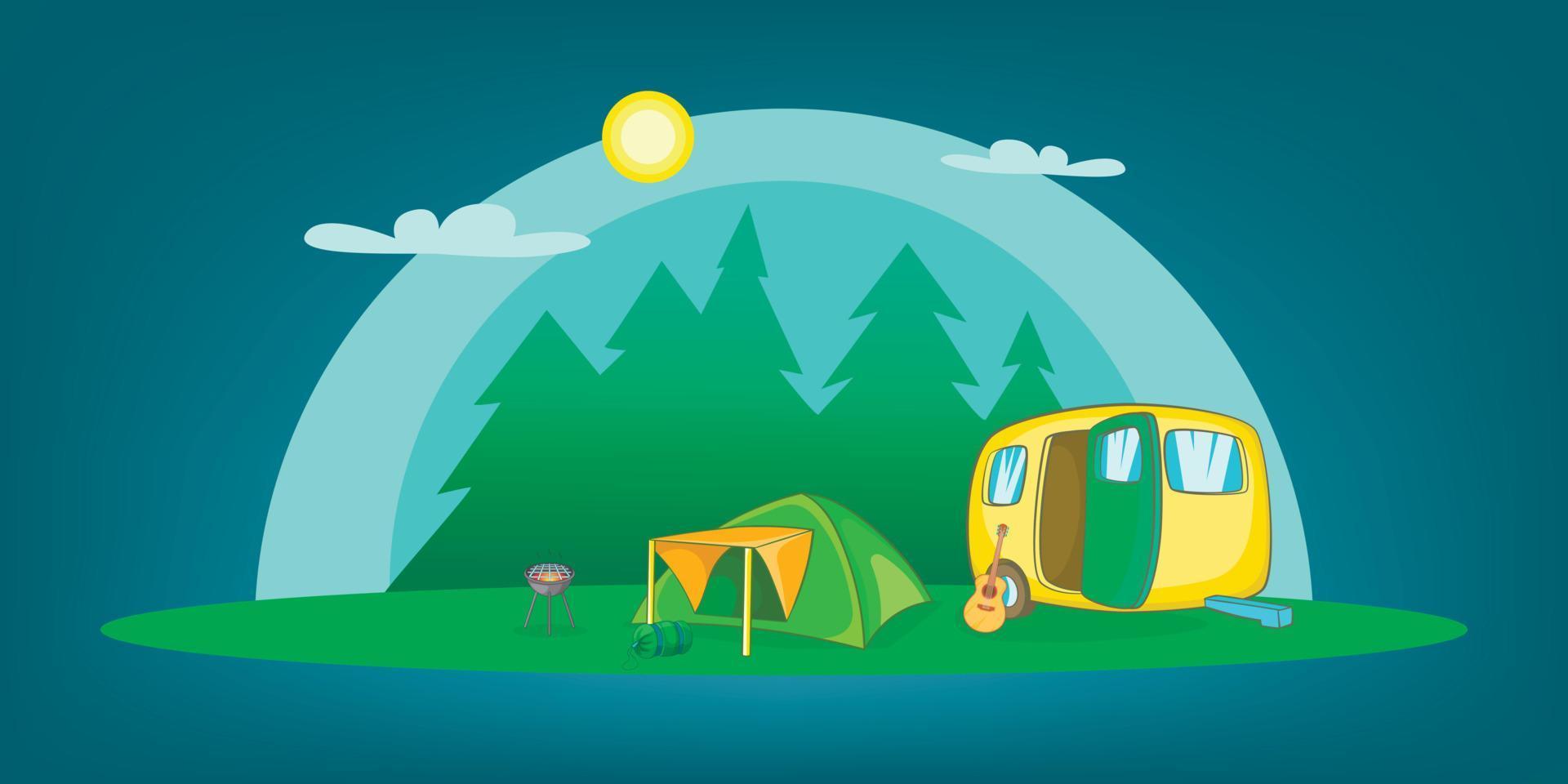 Camping horizontal banner objects, cartoon style vector