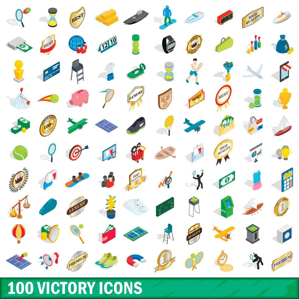 100 victory icons set, isometric 3d style vector