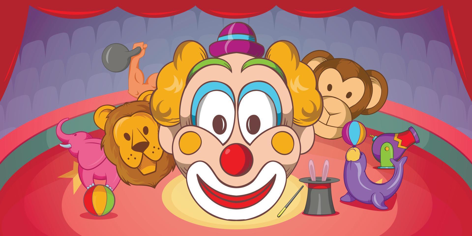 payaso de banner horizontal de circo, estilo de dibujos animados vector