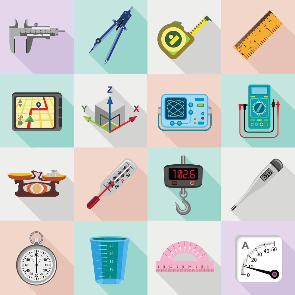 Measure precision icons set, flat style vector