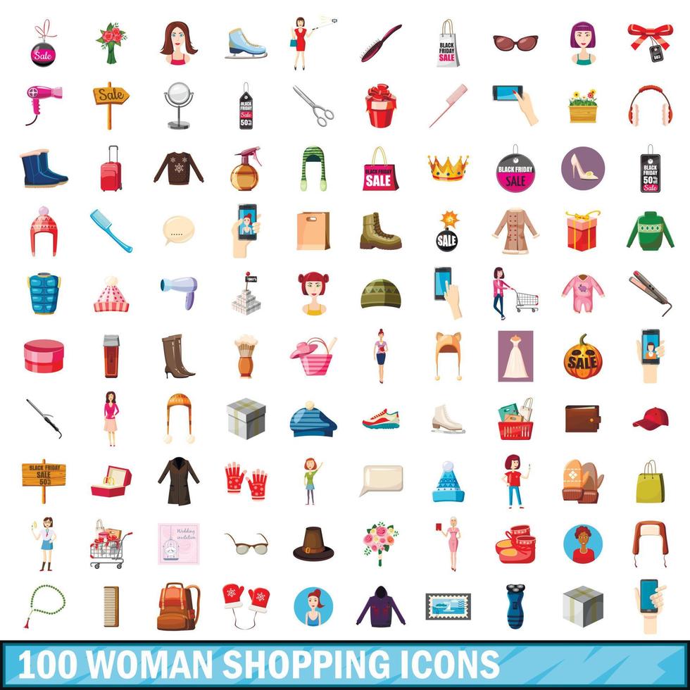 100 women shopping icons set, cartoon style vector