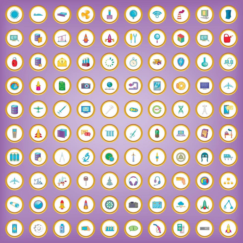 100 technology icons set in cartoon style vector