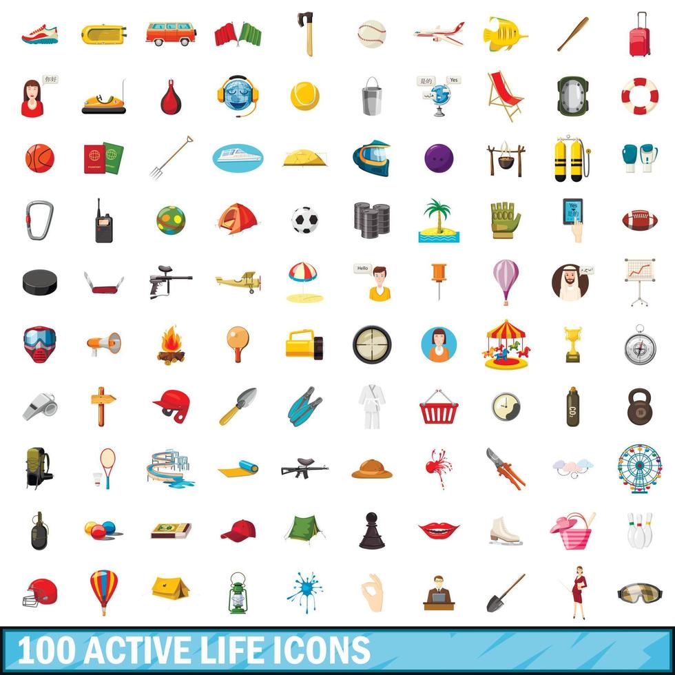 100 active life icons set, cartoon style vector