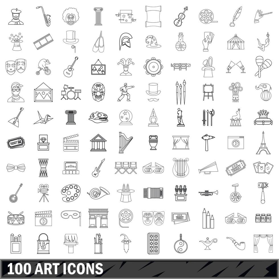 100 art icons set, outline style vector