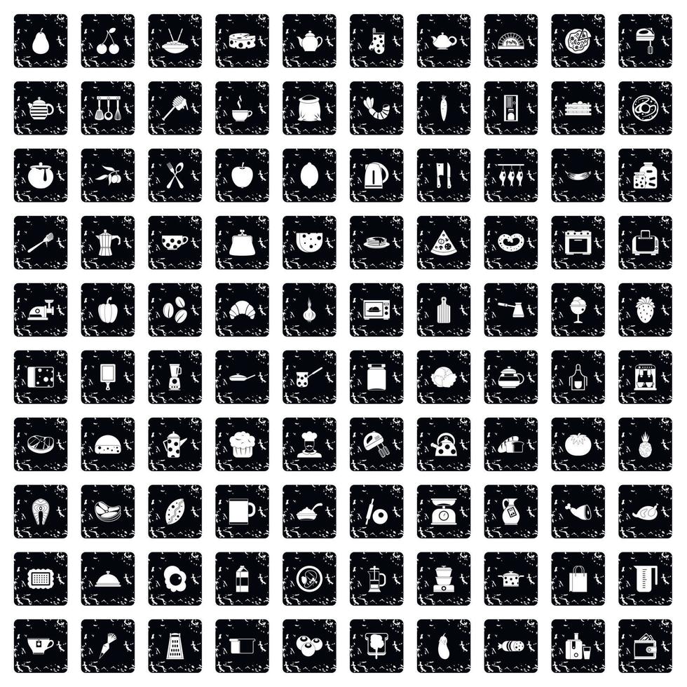 100 cooking icons set, grunge style vector