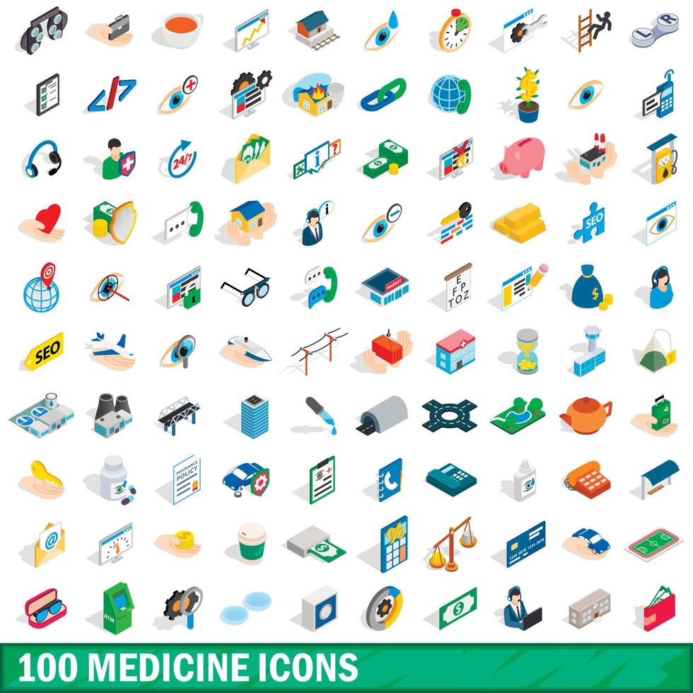 100 medicine icons set, isometric 3d style vector