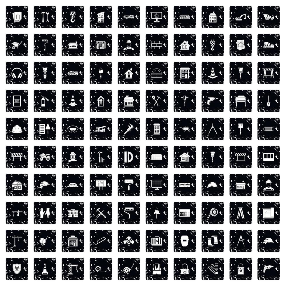 100 construction icons set, grunge style vector