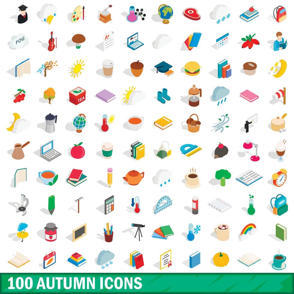 100 autumn icons set, isometric 3d style vector