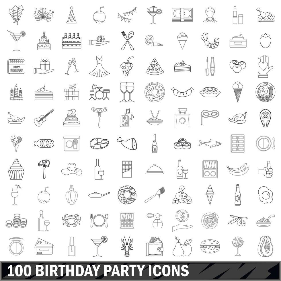 100 birthday party icons set, outline style vector