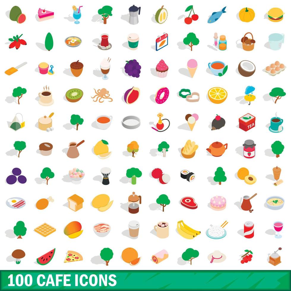 100 cafe icons set, isometric 3d style vector