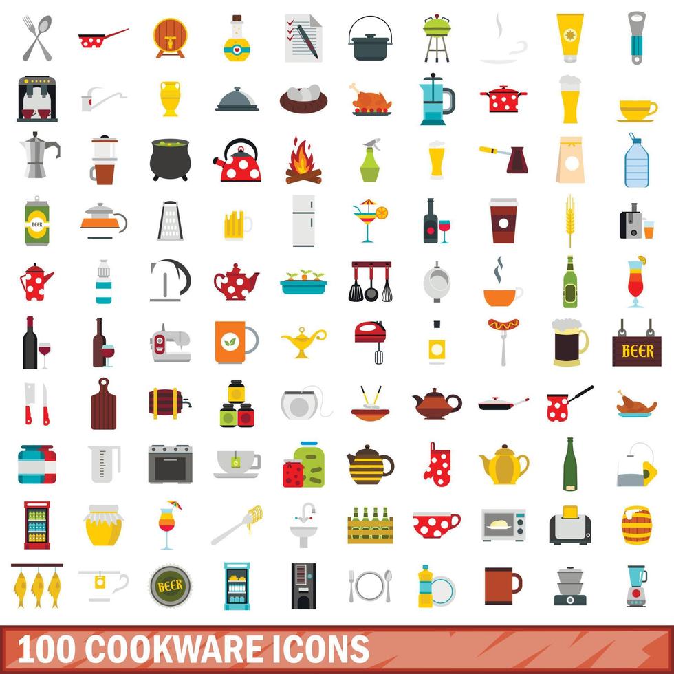 100 cookware icons set, flat style vector