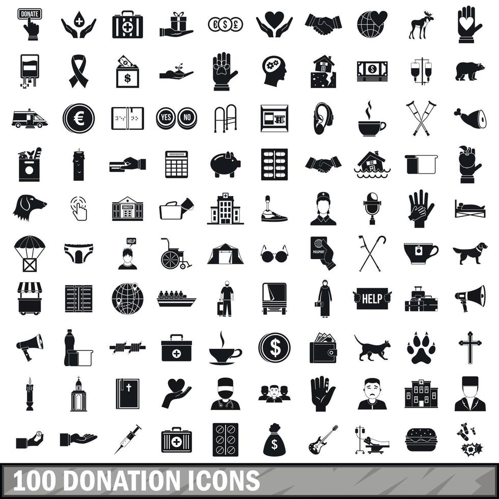 100 donation icons set, simple style vector