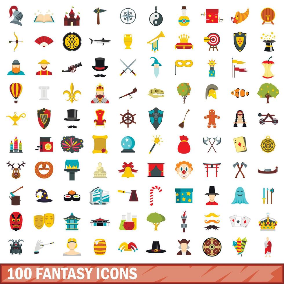 100 iconos de fantasía, estilo plano vector