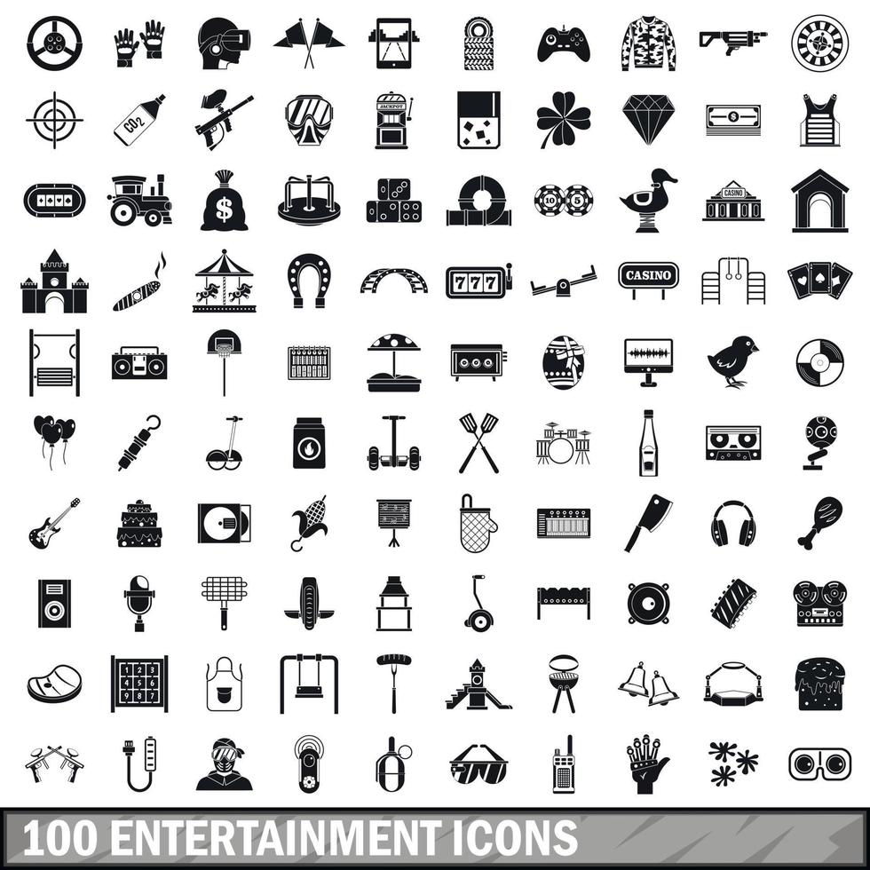 100 entertainment icons set, simple style vector