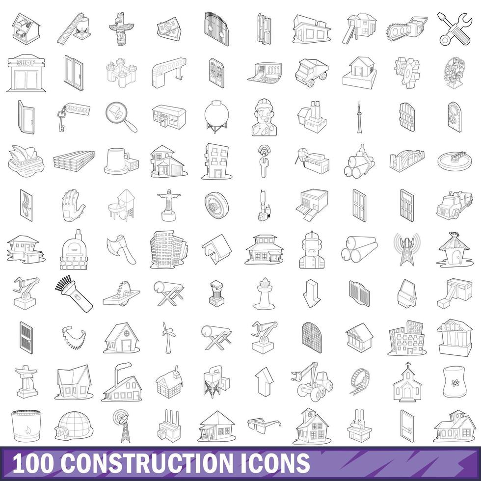 100 construction icons set, outline style vector