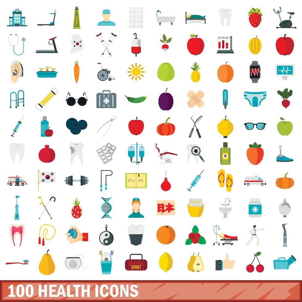 100 health icons set, flat style vector
