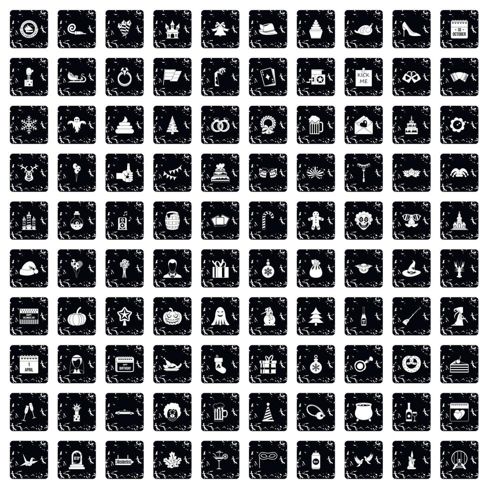 100 holidays icons set, grunge style vector