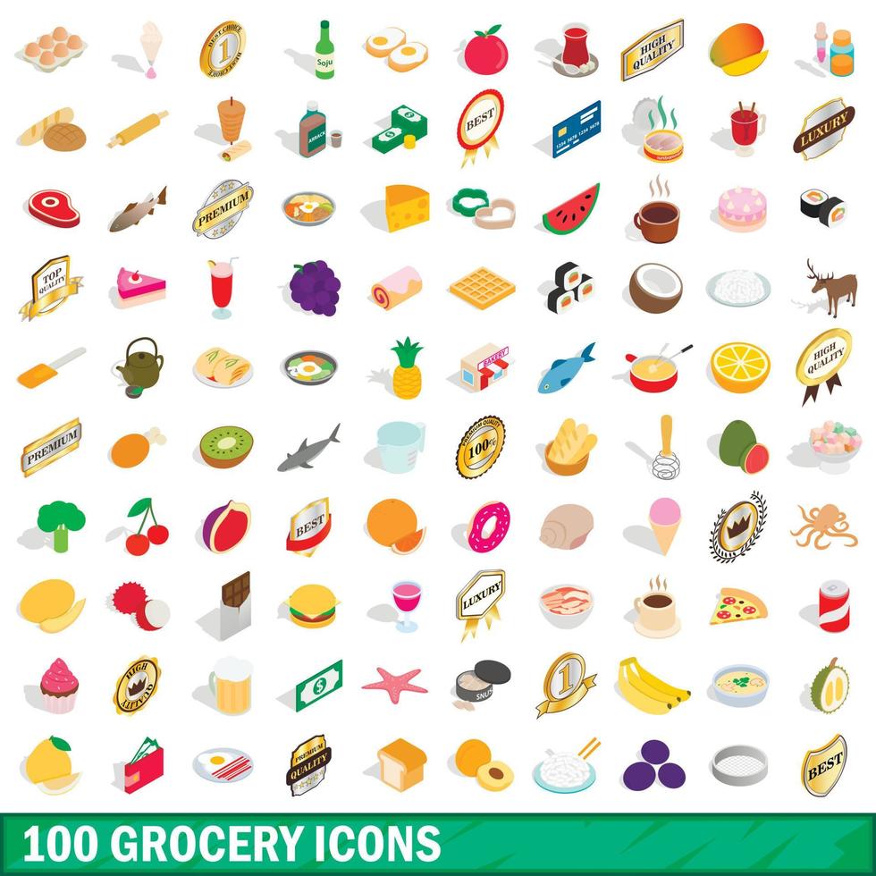 100 grocery icons set, isometric 3d style vector