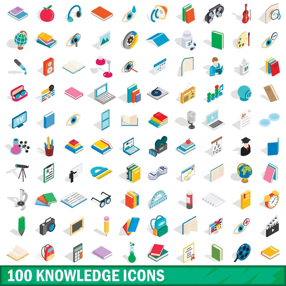100 knowledge icons set, isometric 3d style vector