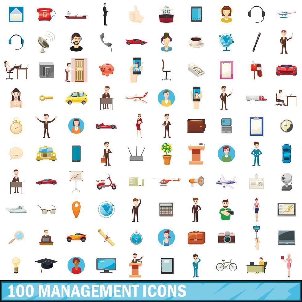 100 management icons set, cartoon style vector