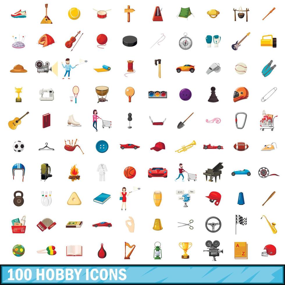 100 hobby icons set, cartoon style vector