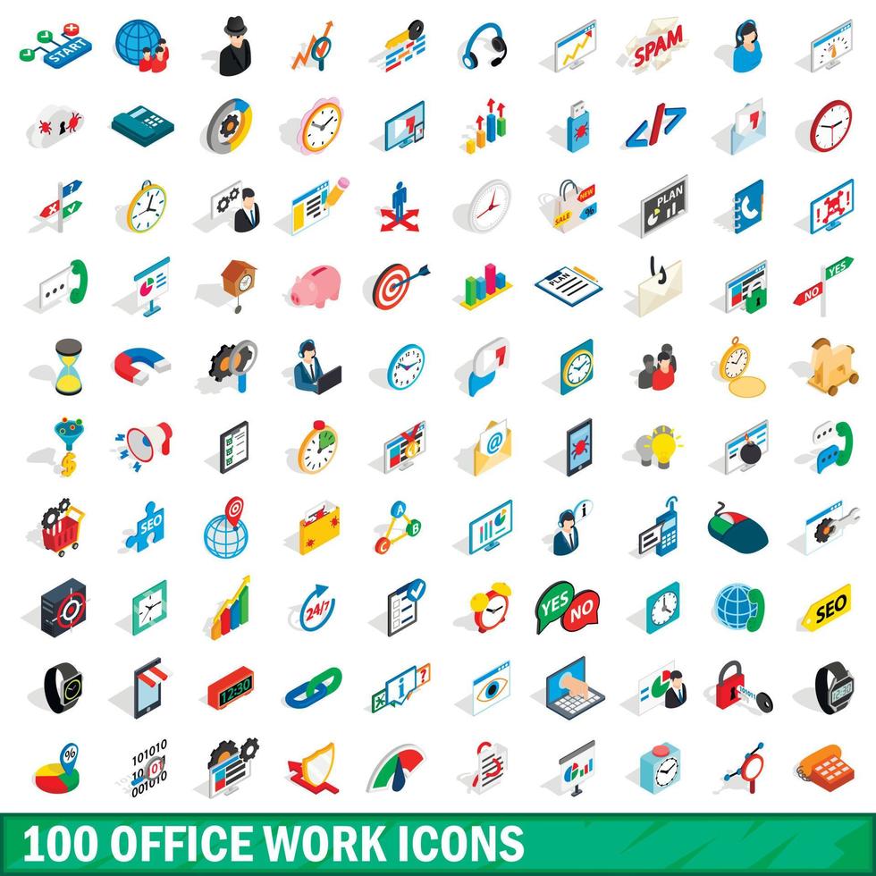 100 office work icons set, isometric 3d style vector