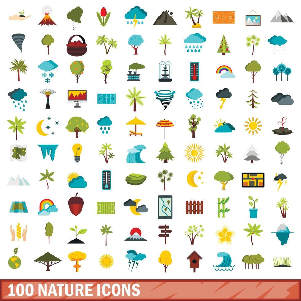 100 nature icons set, flat style vector