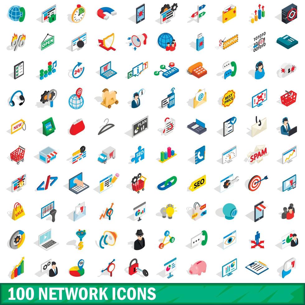 100 network icons set, isometric 3d style vector