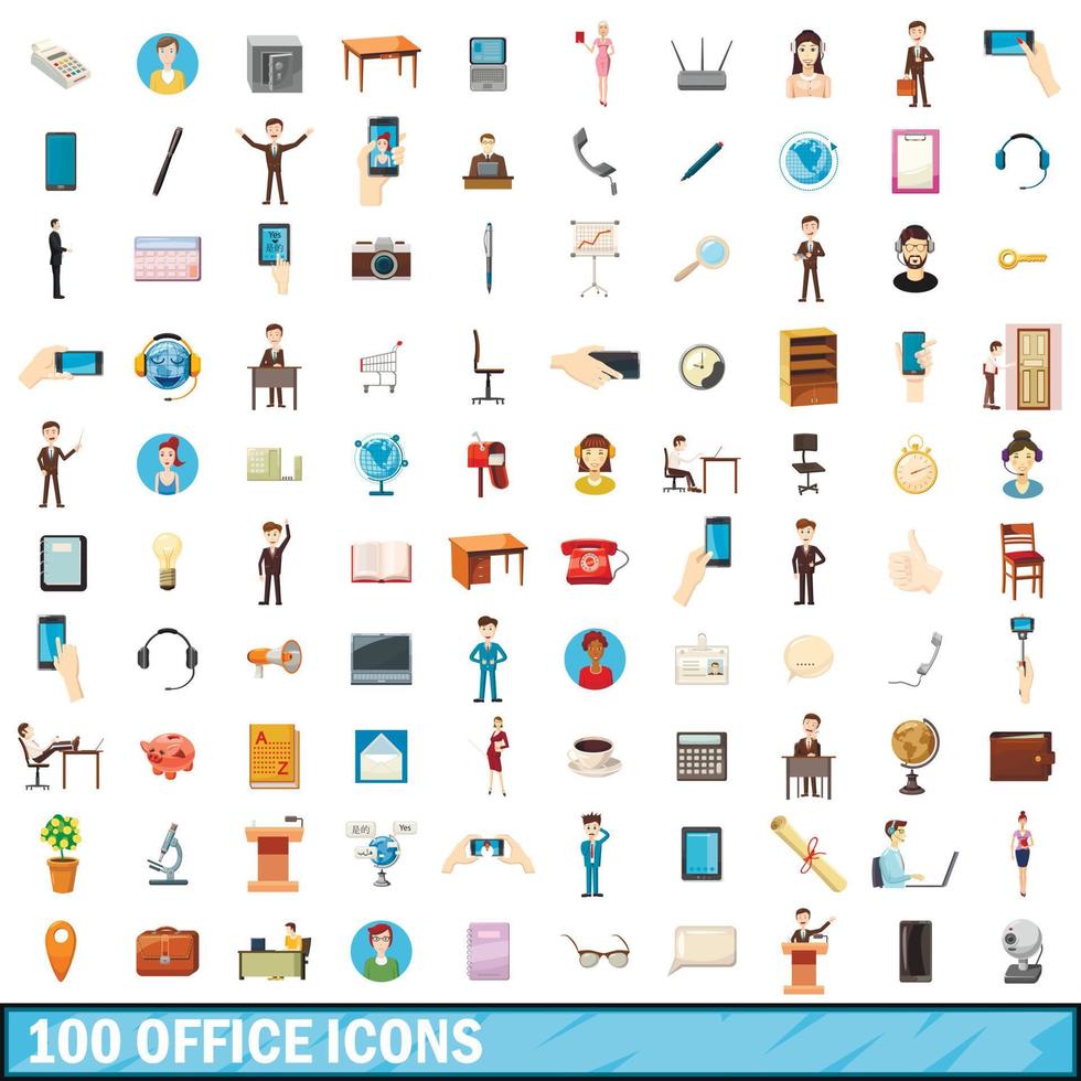 100 iconos de oficina, estilo de dibujos animados vector