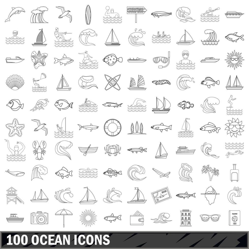 100 ocean icons set, outline style vector