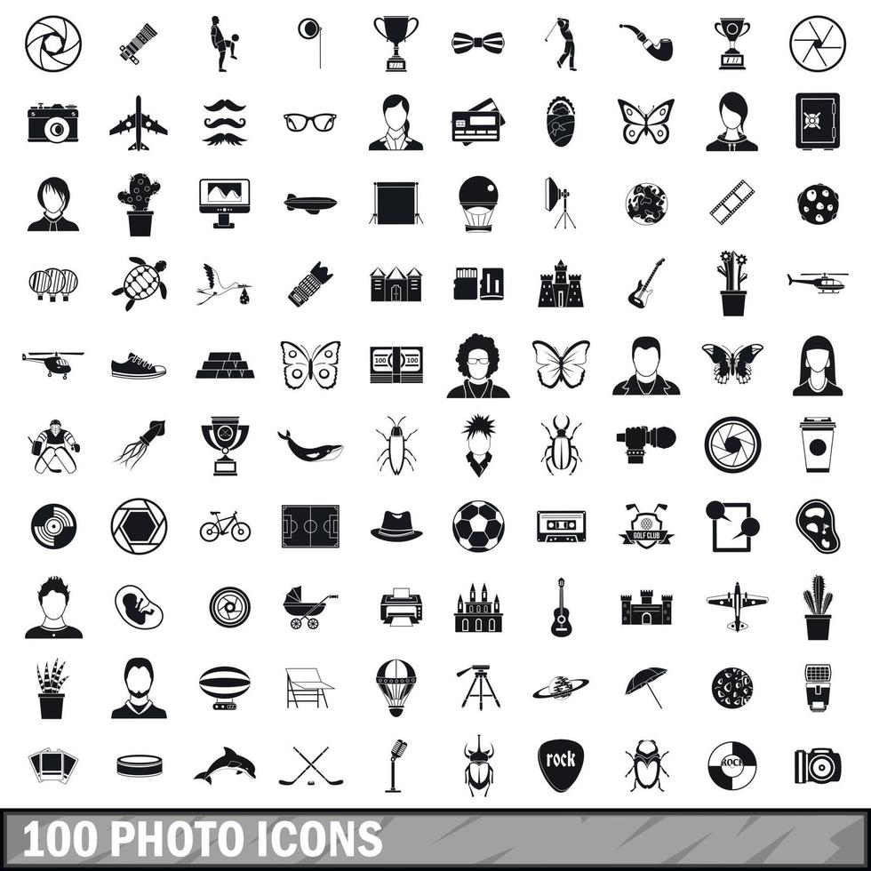 100 photo icons set, simple style vector