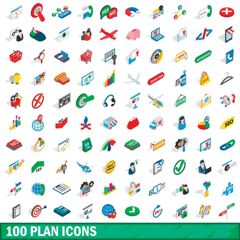 100 plan icons set, isometric 3d style vector