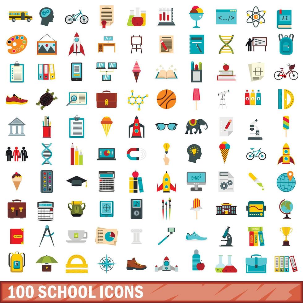 100 school icons set, flat style vector