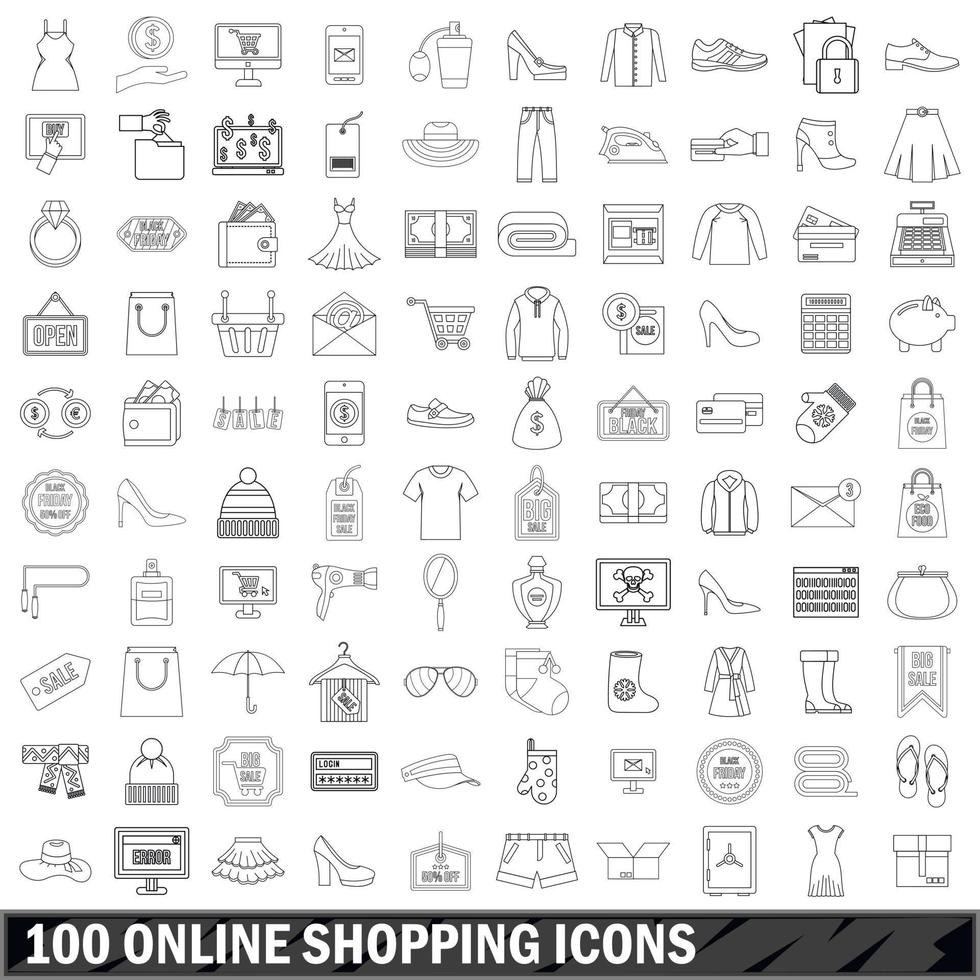 100 online shopping icons set, outline style vector
